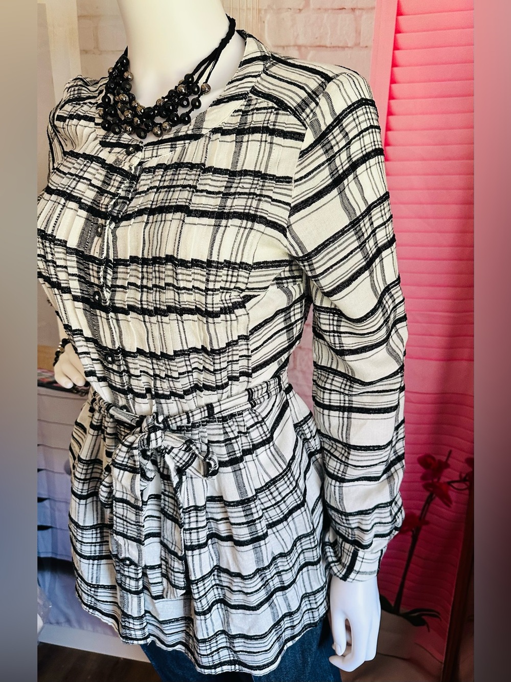 Anthropologie Black & White Plaid Belted Tunic - Picture 4 of 8